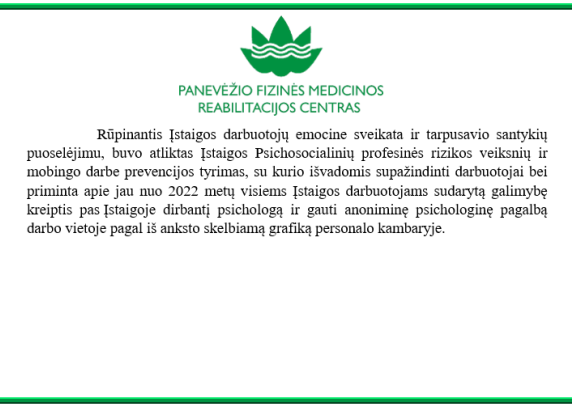 Psichosocialinių profesinės rizikos veiksnių ir mobingo darbe prevencijos tyrimas